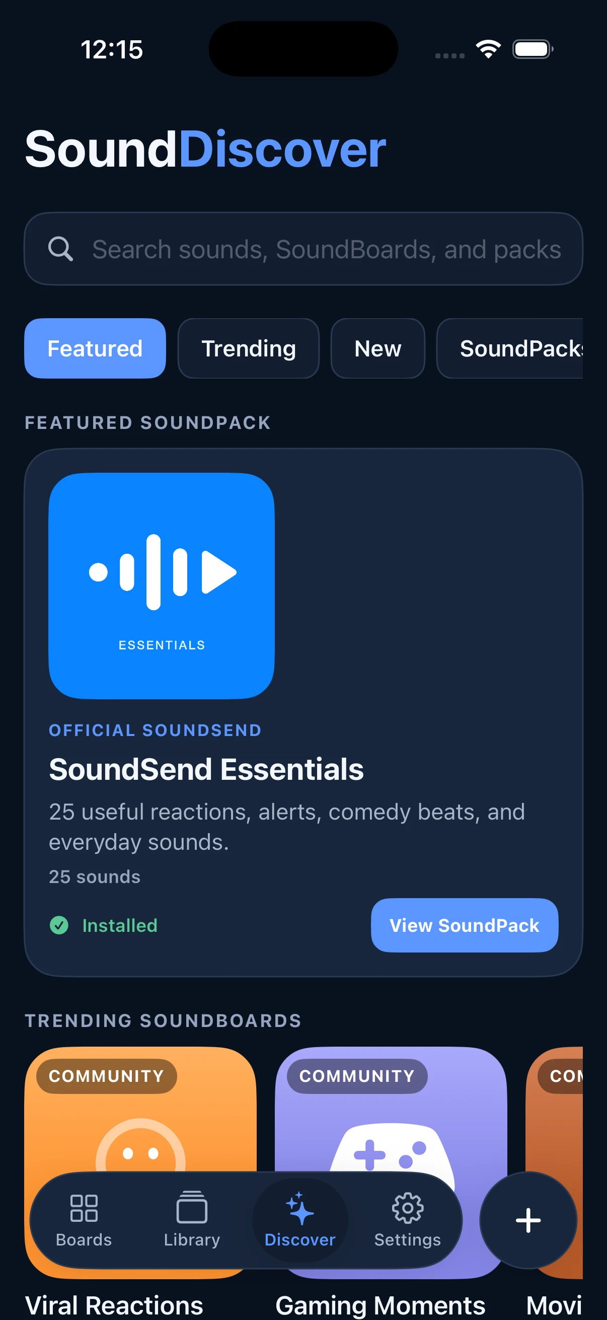 SoundDiscover app screen with a featured SoundSend Essentials pack and community sections marked as in development on this website