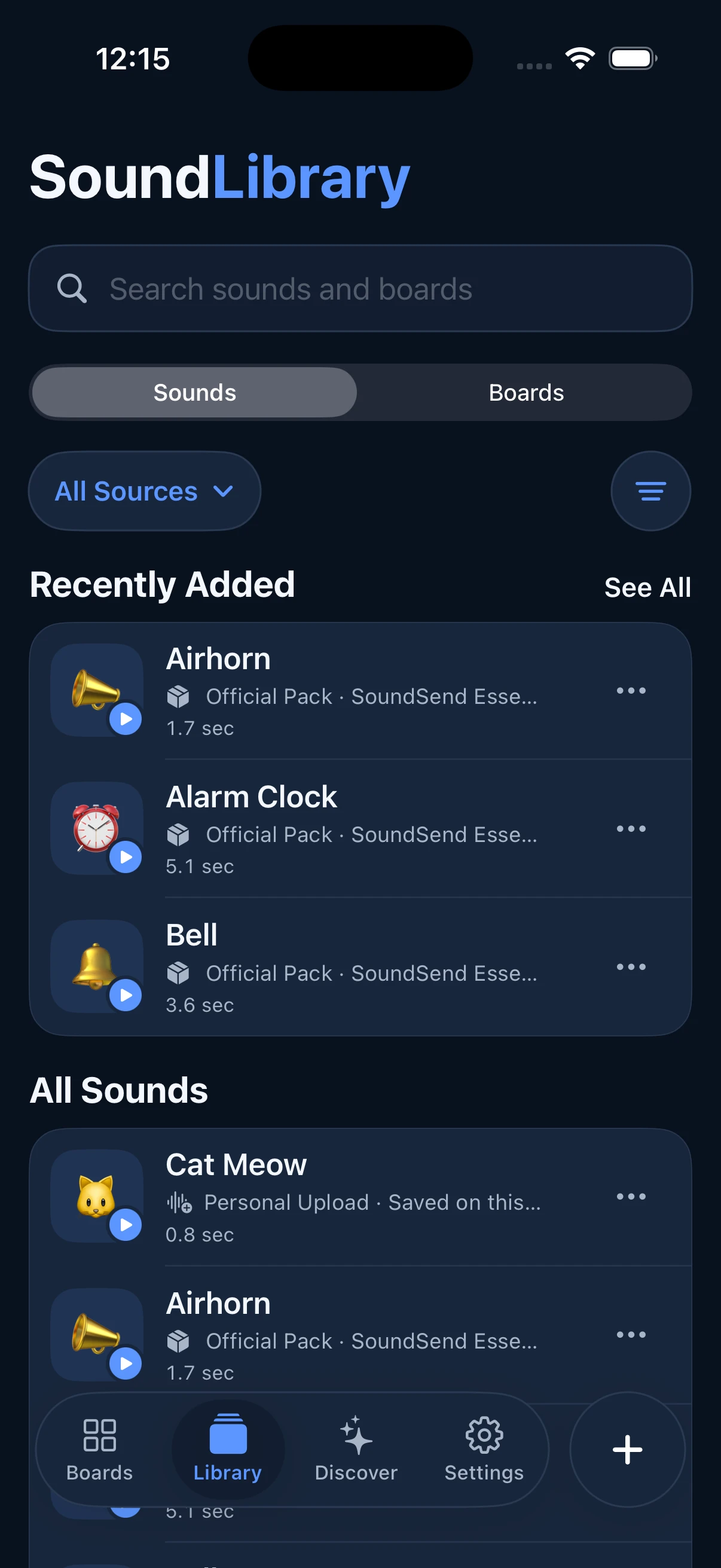SoundLibrary app screen with Sounds and Boards modes, an All Sources filter, recent items, and personal uploads