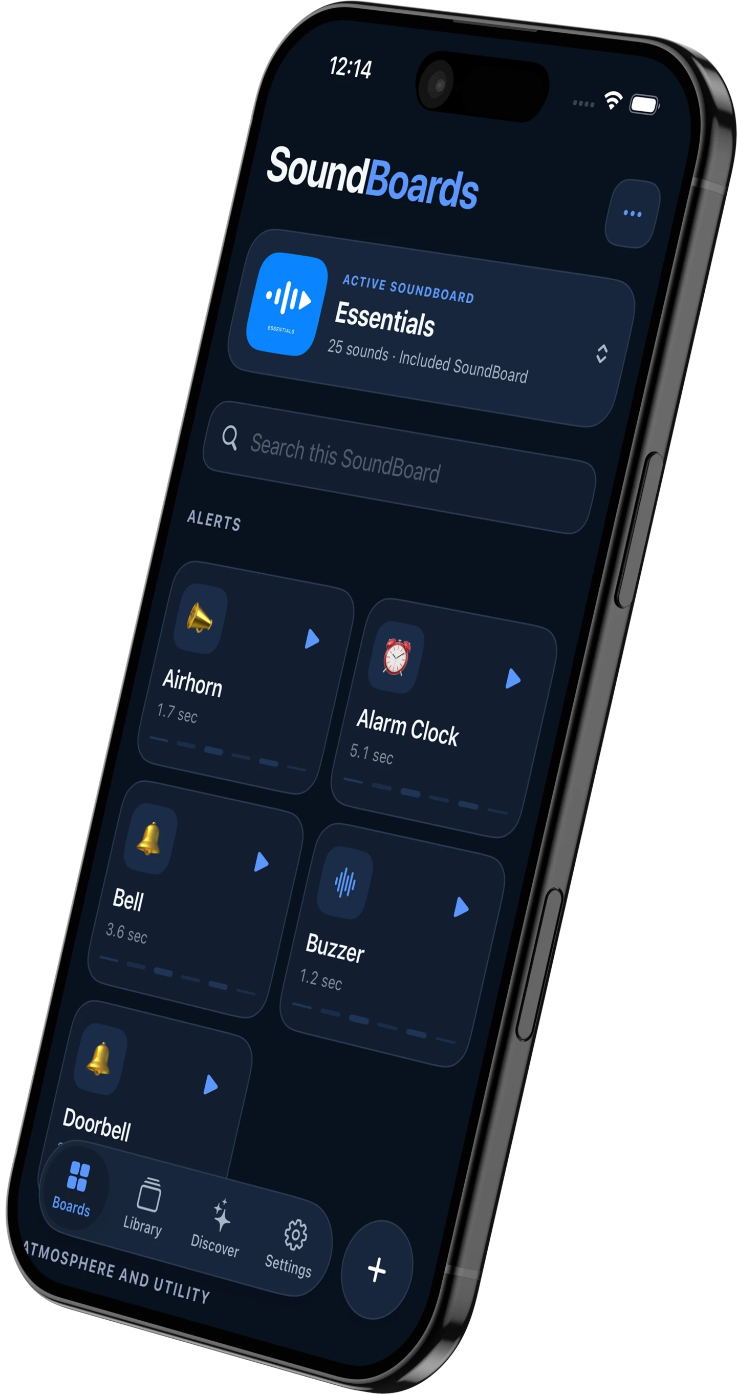 Angled iPhone showing the SoundBoards screen with the Essentials board and fast playback controls