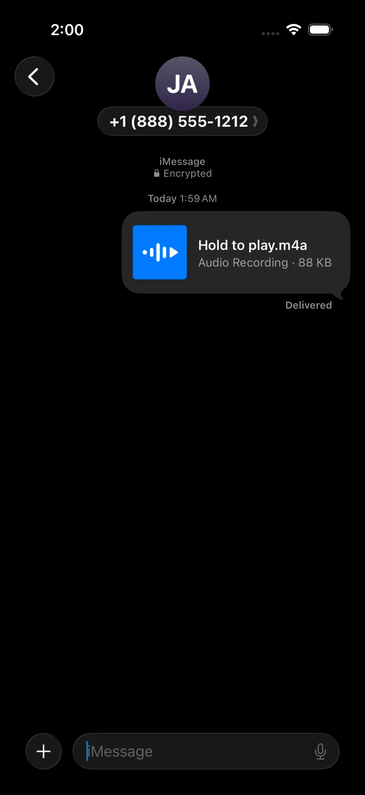 Apple Messages conversation showing a SoundSend sound delivered as a standard M4A audio attachment